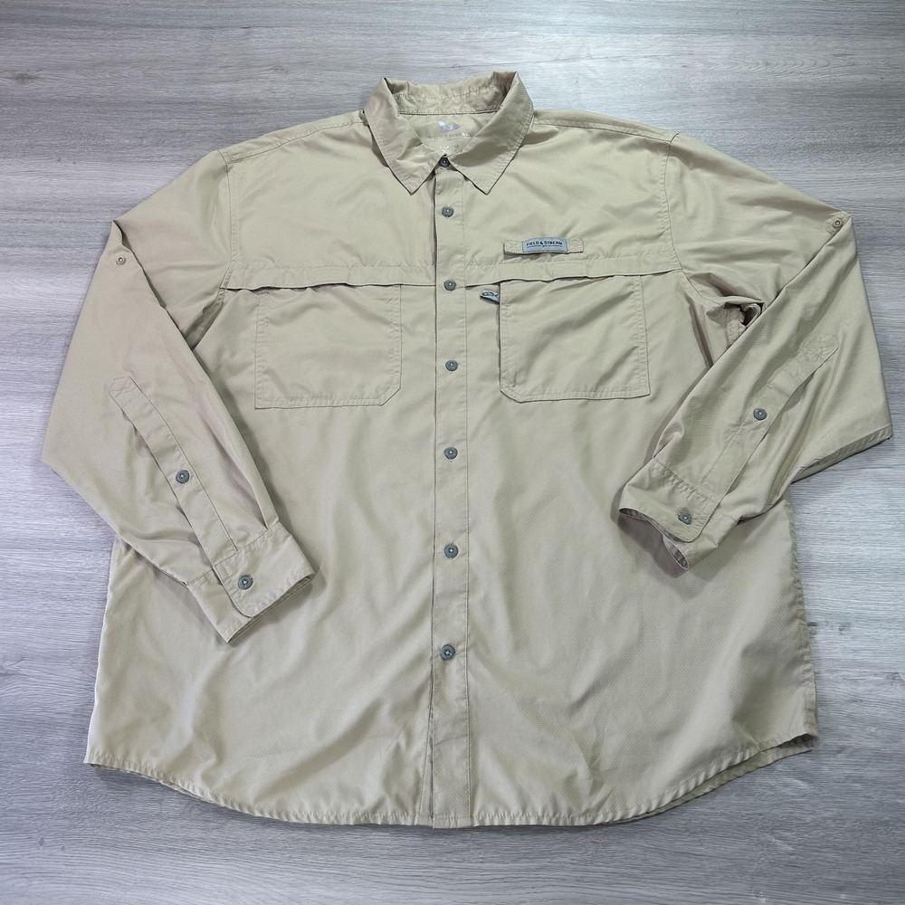 Field & Stream Shirt Mens XL Tan Long Sleeve Fishing Vented Outdoors Poly Hiking